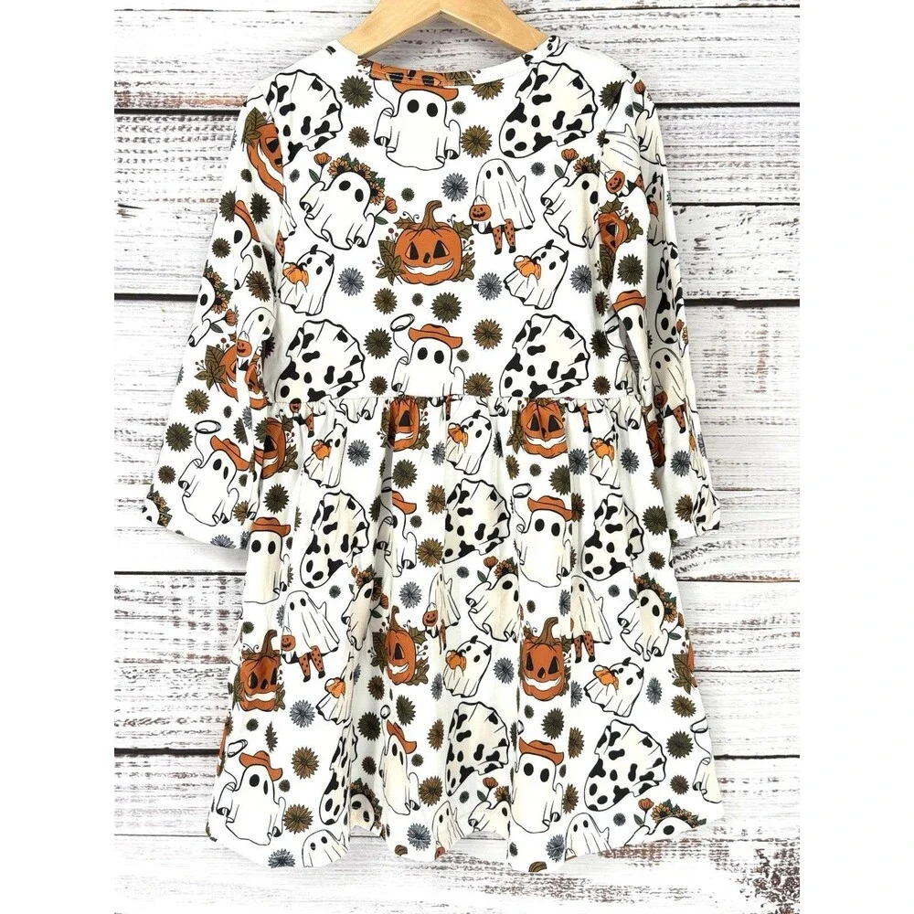 Halloween Ghost Pumpkin Disco Cowgirl Long Sleeve Dress Western Girls‎ 5t 5Y